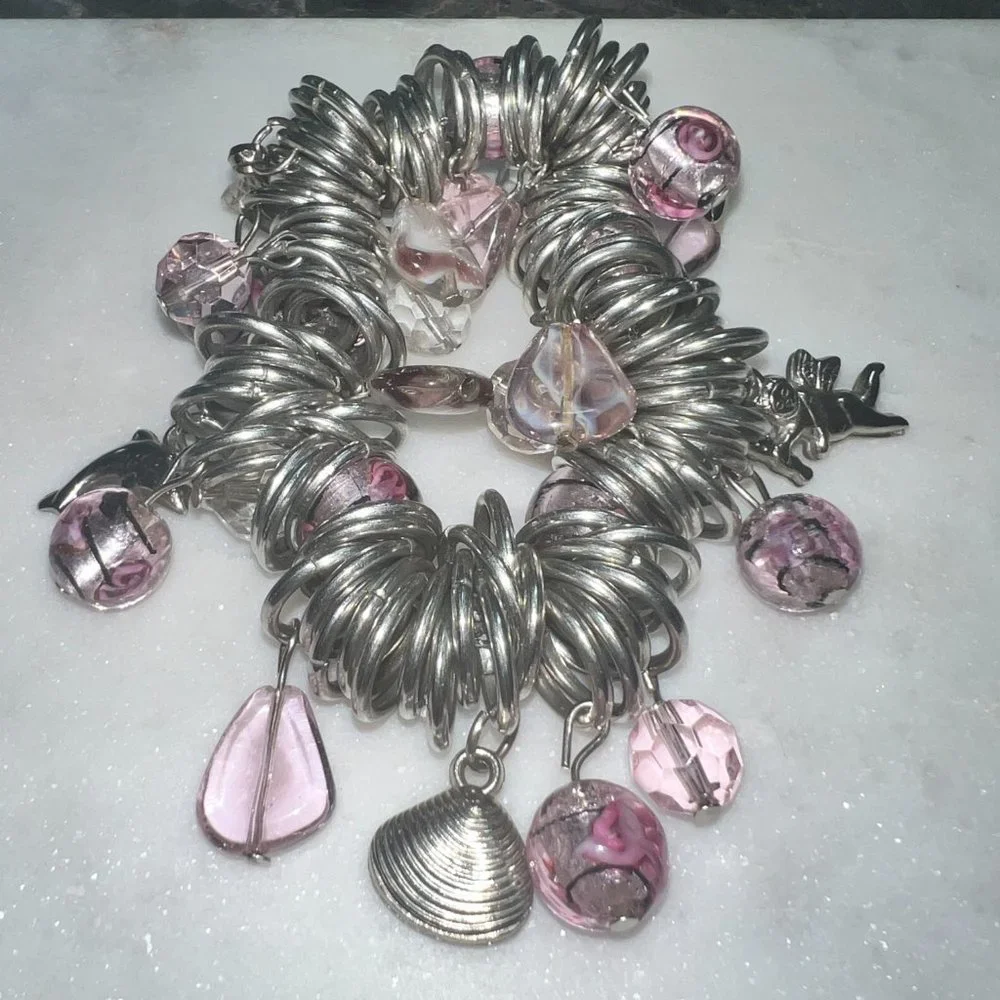 Boho Chunky Heavy Silver Murano Glass Charm Bracelet